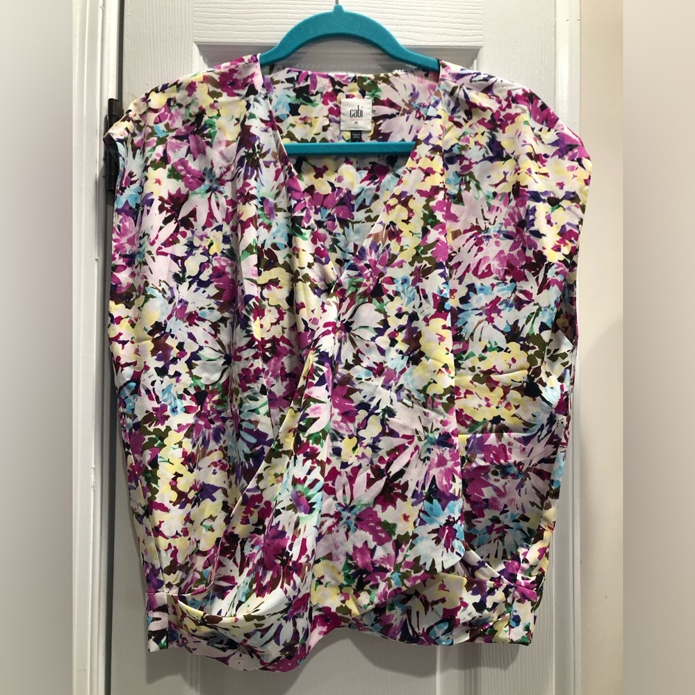 CAbi Floral Wrap-Front Top in Purple Multi